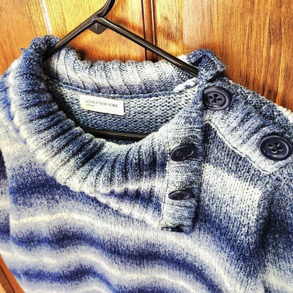 Jones NY Striped Cowl Neck Sweater Button Detail Color on Shades of Blue & Grey